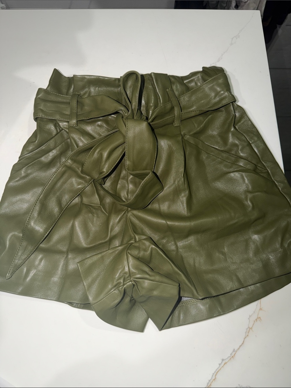 High-Waist Olive Green Paperbag Tie-Belt Shorts